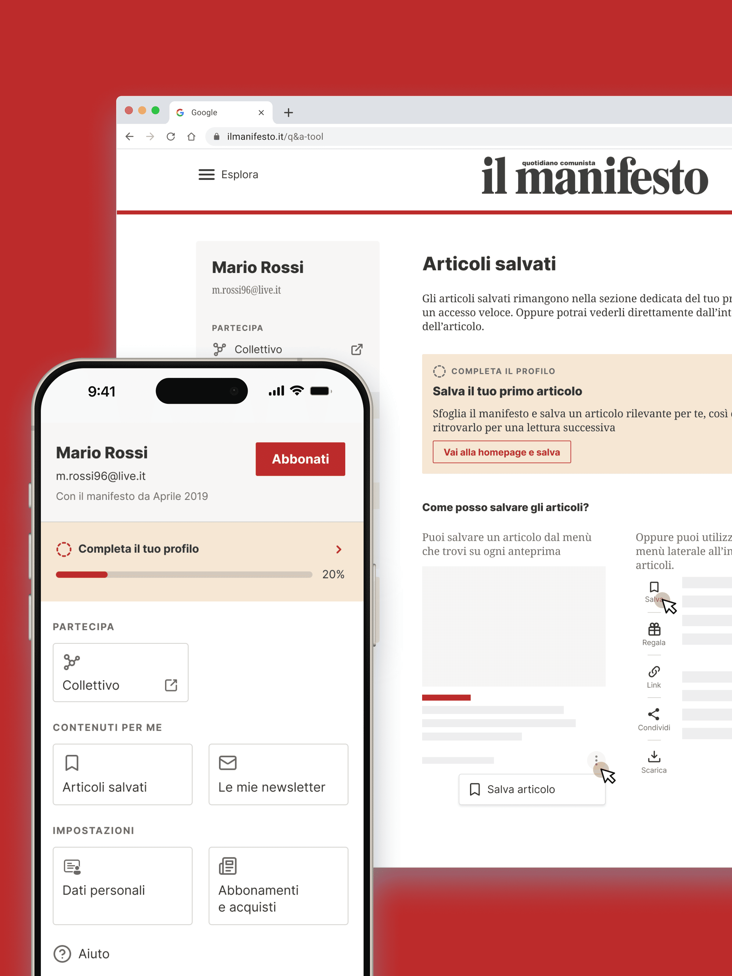 Schermata desktop e mobile del sito ‘il manifesto’ con profilo utente Mario Rossi, opzioni per articoli salvati, newsletter, dati personali e abbonamenti.