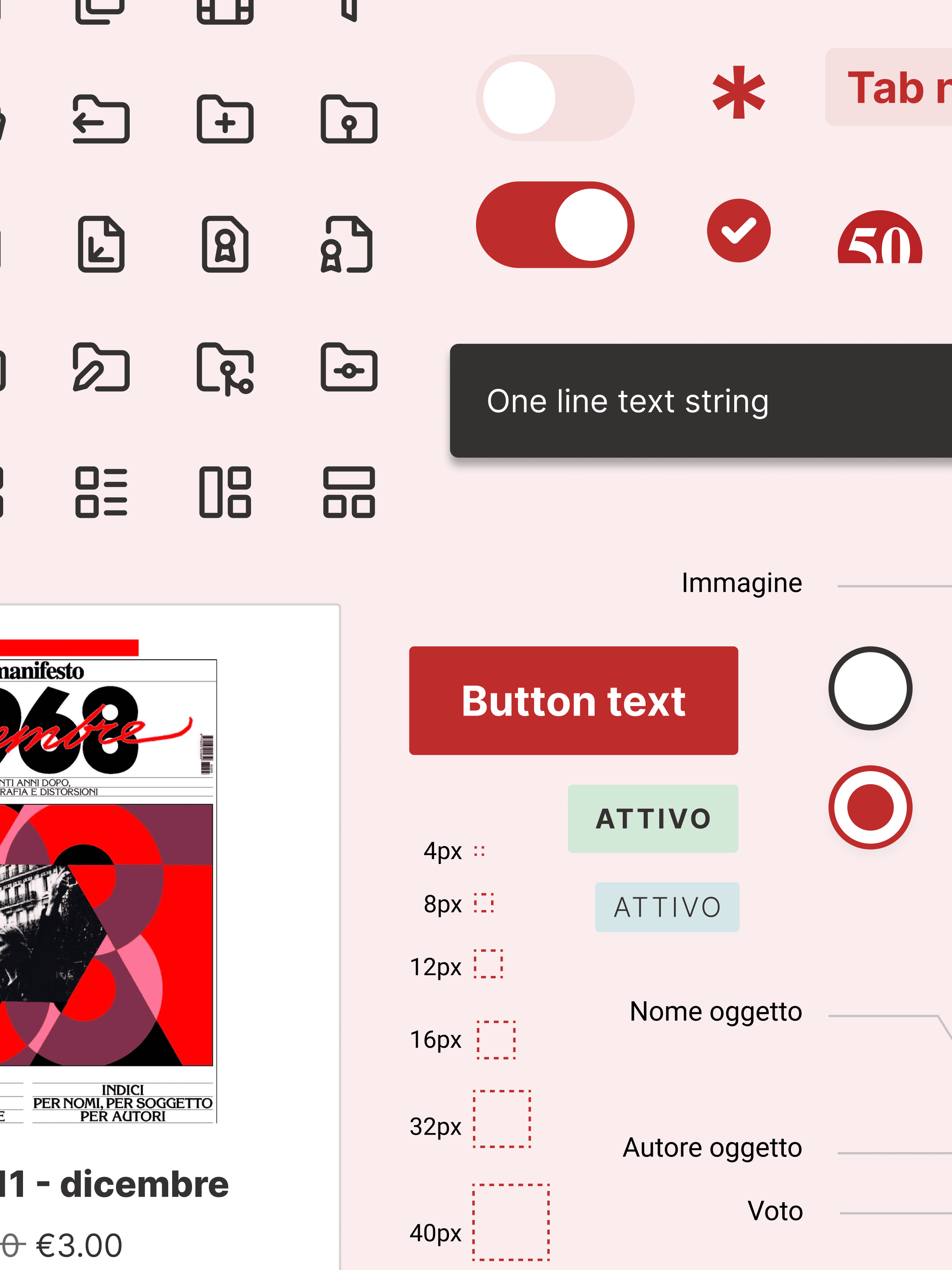 Schermata di interfaccia grafica con icone, pulsanti, interruttori e testi di esempio in vari stili e colori, usata per design e prototipazione.