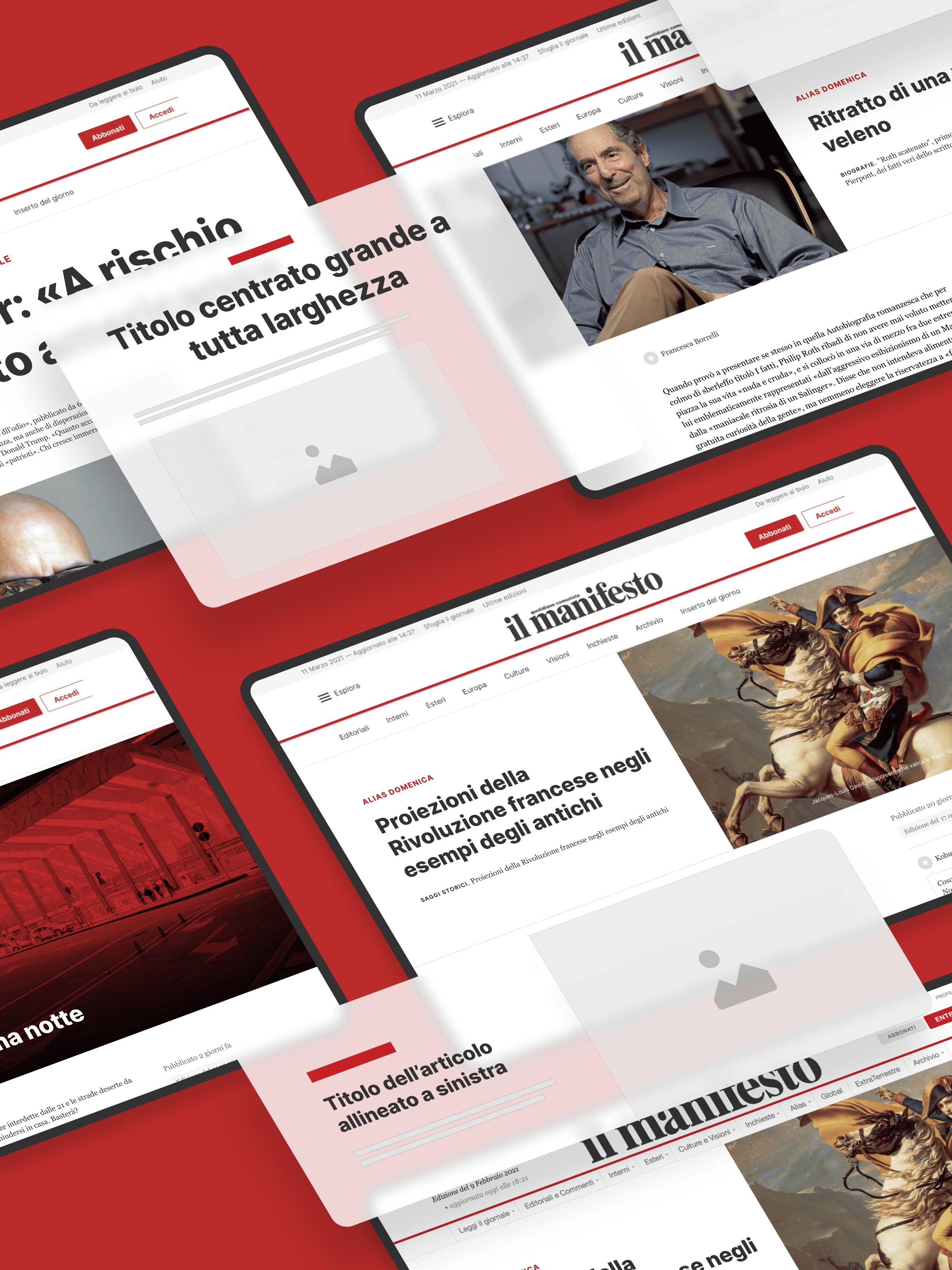 Mockup di pagine web del sito ‘il manifesto’ disposte su sfondo rosso, con articoli, immagini e titoli in diversi layout grafici.