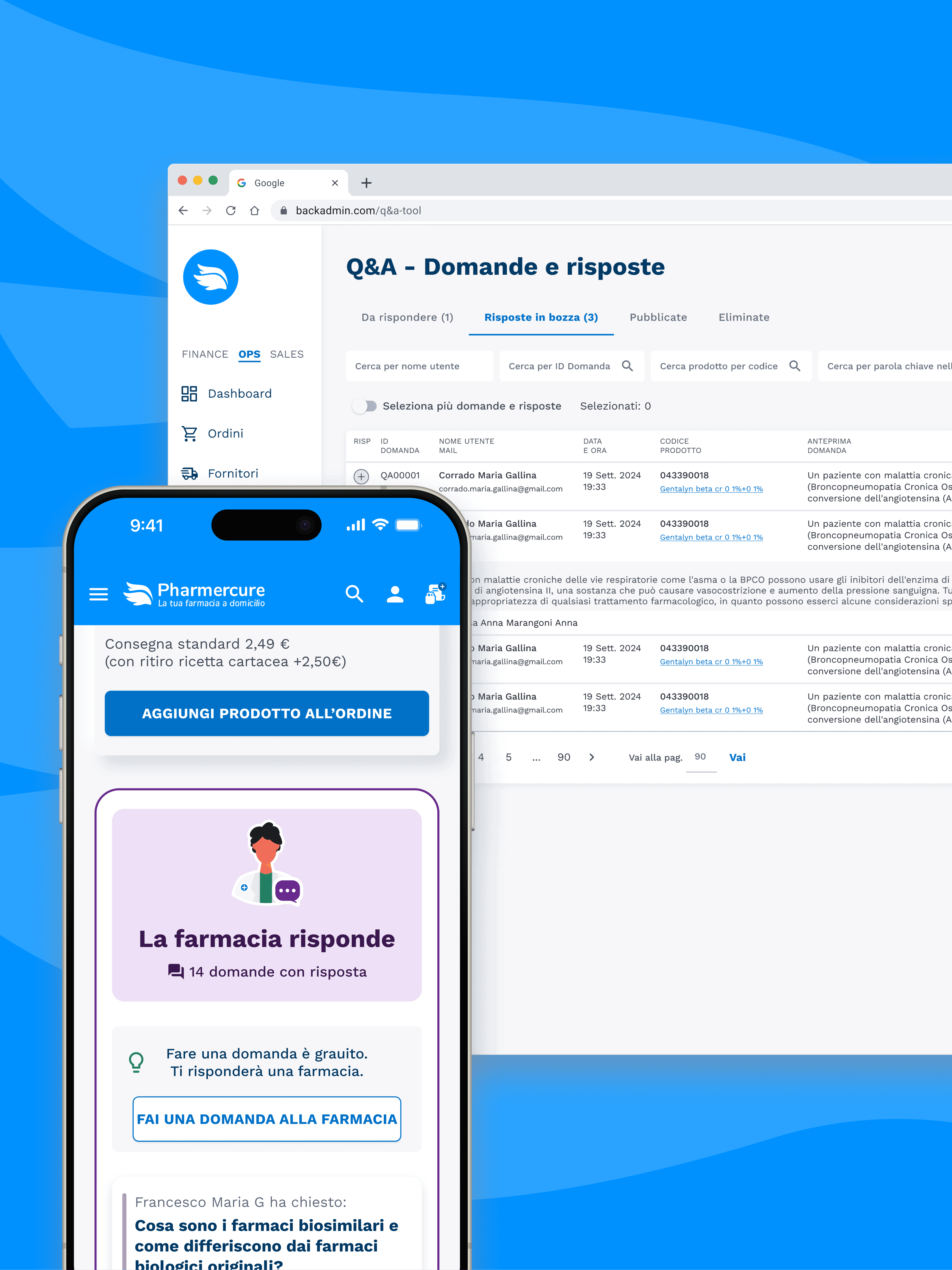 Mockup che mostra l’interfaccia web di gestione Q&A per farmacie e l’app mobile Pharmercure con sezione “La farmacia risponde” alle domande degli utenti.