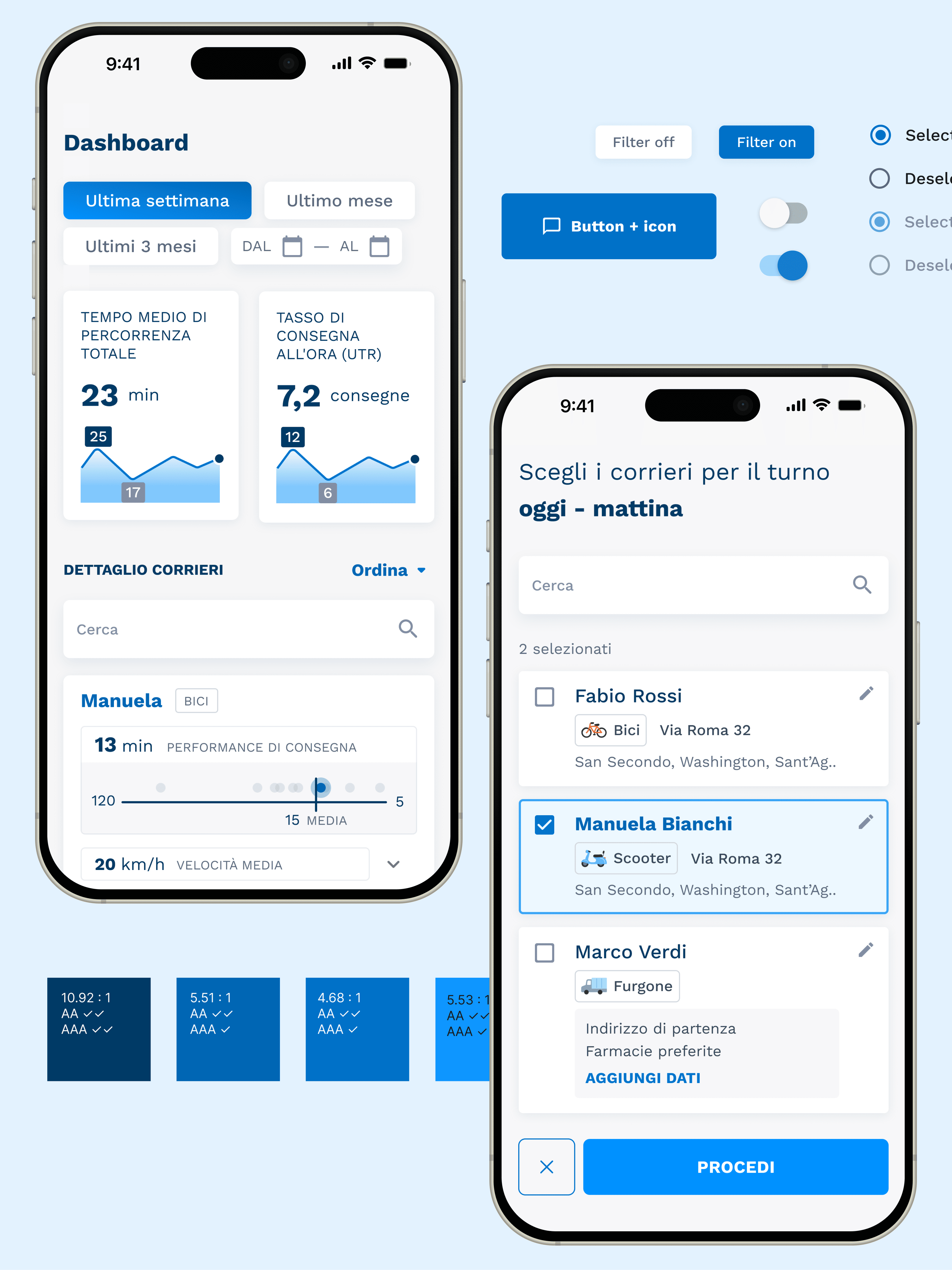 Mockup di app mobile per gestione consegne: dashboard con statistiche su tempi e tassi di consegna e schermata per selezionare i corrieri disponibili.
